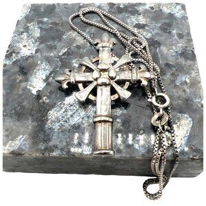 Unisex Silver Fleur-De-Lis Cross 1.75" Pendant Necklace 18" 925 Box Chain Vtg